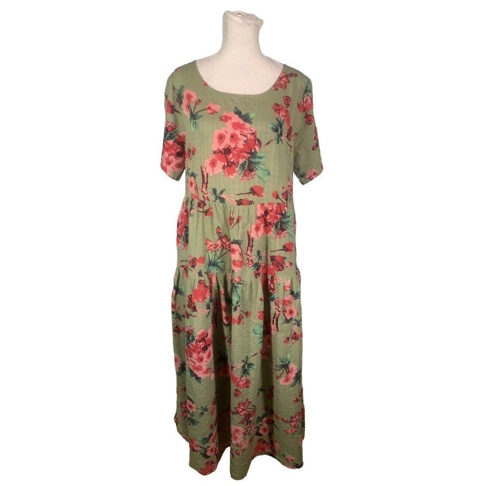 Lightweight Cotton Blend Green Pink Floral Peasant Dress M Prairie Cottage Retro